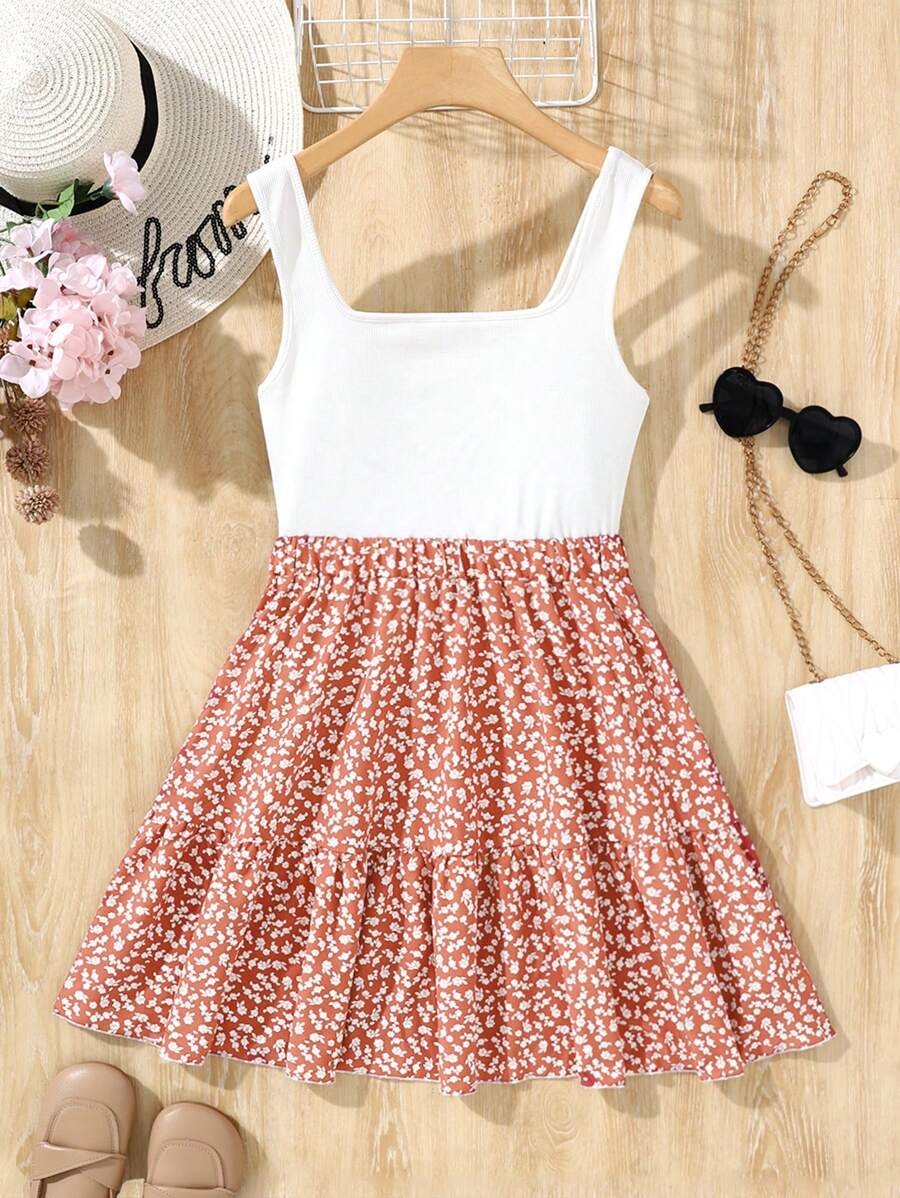 SHEIN 青少年女孩黑色碎花针织吊带背心拼布 A 字型假日休闲连衣裙 - 粉色 - 查看 1