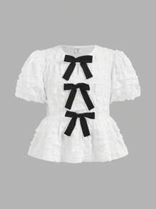 SHEIN Áo cánh màu trắng giản dị cho bé gái tuổi mới lớn, tay bồng nhún bèo màu khối, trang trí nơ, viền bèo, trở lại trường, đám cưới, công chúa, phong cách thanh lịch kiểu Pháp - trắng - Xem 2