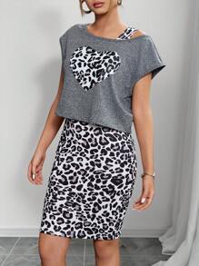 SHEIN 2pcs/Set Casual Teenager Girls Cheetah Print Heart Loose Short Tee Cover Up + Fitted Mini Dress, Work/Daily - Grey - View 5