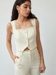 MOTF STUDIO CONTRAST LACE BUTTON UP WAISTCOAT - Apricot - View 3