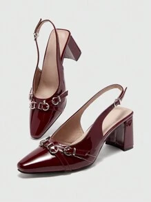 CUCCOO BIZCHIC Women's Square Toe Block Heels Pumps, Wine Red Leather Strap Buckle Office Lady Commuting Style High Heels - Burgundy - View 3