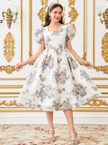 SHEIN 优雅花卉提花泡泡袖中长连衣裙，方形领口，适合少女的度假复古风格 - 白色 - 查看 2