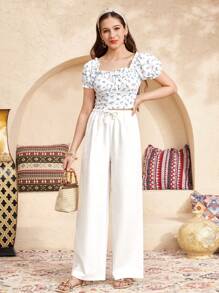 SHEIN Teen Girls' Casual Vacation White Comfortable Woven Cotton Twill Drawstring Waist Wide Leg Pants