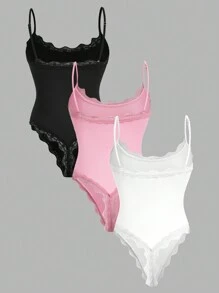 Comfortcana Multicolor Women's Casual Solid Color Lace Trim Bodysuit - Multicolor - View 2