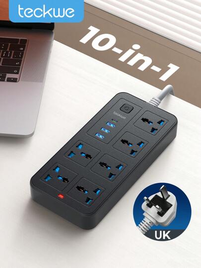 Teckwe Regleta con 6 tomas de CA y 3 puertos USB y 1 puerto Tipo C, cable prolongador con protector de sobretensión para uso en el hogar, oficina, dormitorio. Con botón de encendido. Un regalo perfecto para Navidad, esencial para el otoño, invierno, vacaciones, camping.