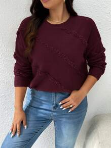 CosyJoli Plus Size Women Crew Neck Fuzzy Edge Loose Casual Comfortable Pullover Sweater - Burgundy - View 7