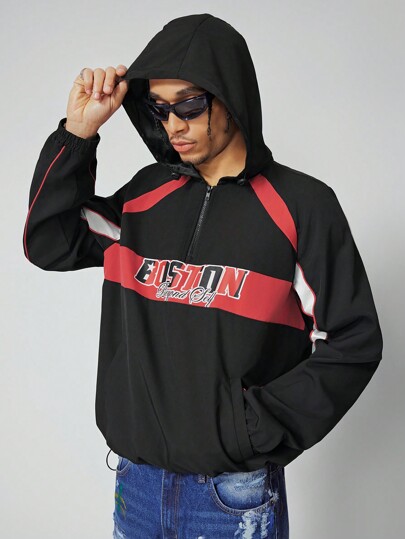 Street Life جاكيت رجالية ذات سحاب أمامي ذات غطاء رأس بلون واحد، تصميم بسيط