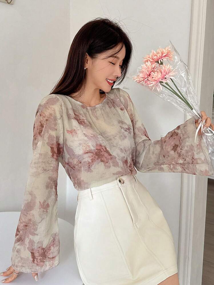 Women's Textured Floral Print Flare Sleeve Casual Blouse For Holiday, Spring & Summer Sheer Long Sleeve Top Easter - Pink - View 4