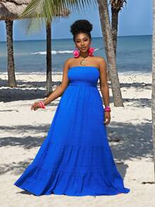 Slaydiva Pure Green Color Vacation Casual Style Strapless Plus Size Dress,Beach Dress Sundress,Holiday Outfits Boho - Royal Blue - View 4