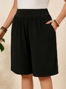 EMERY ROSE 2 Pcs Plus Size Women's Black And Grey Knee Length Shorts Set, Short Outfits For Women,Loose  Bermuda Shorts,Summer Casual Everyday Wear,Spring/Vacation - Multicolor - View 4