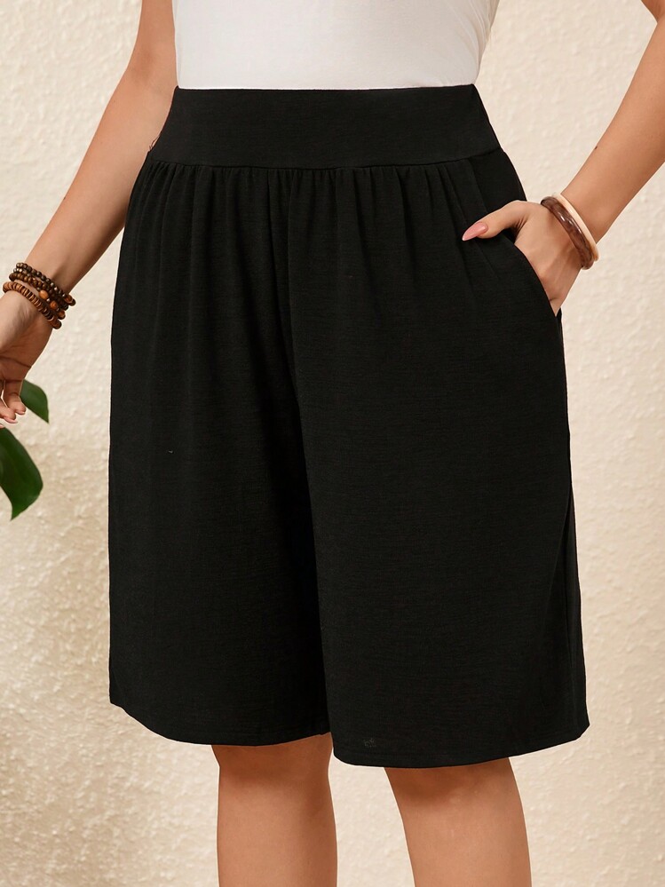 EMERY ROSE 2 Pcs Plus Size Women's Black And Grey Knee Length Shorts Set, Short Outfits For Women,Loose  Bermuda Shorts,Summer Casual Everyday Wear,Spring/Vacation - Multicolor - View 4