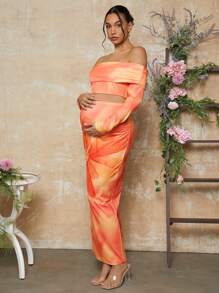 MaterniChic 1 件露肩上衣和 1 件可调节腰部扎染紧身裙孕妇两件套，秋季情人节 - 彩色 - 查看 4