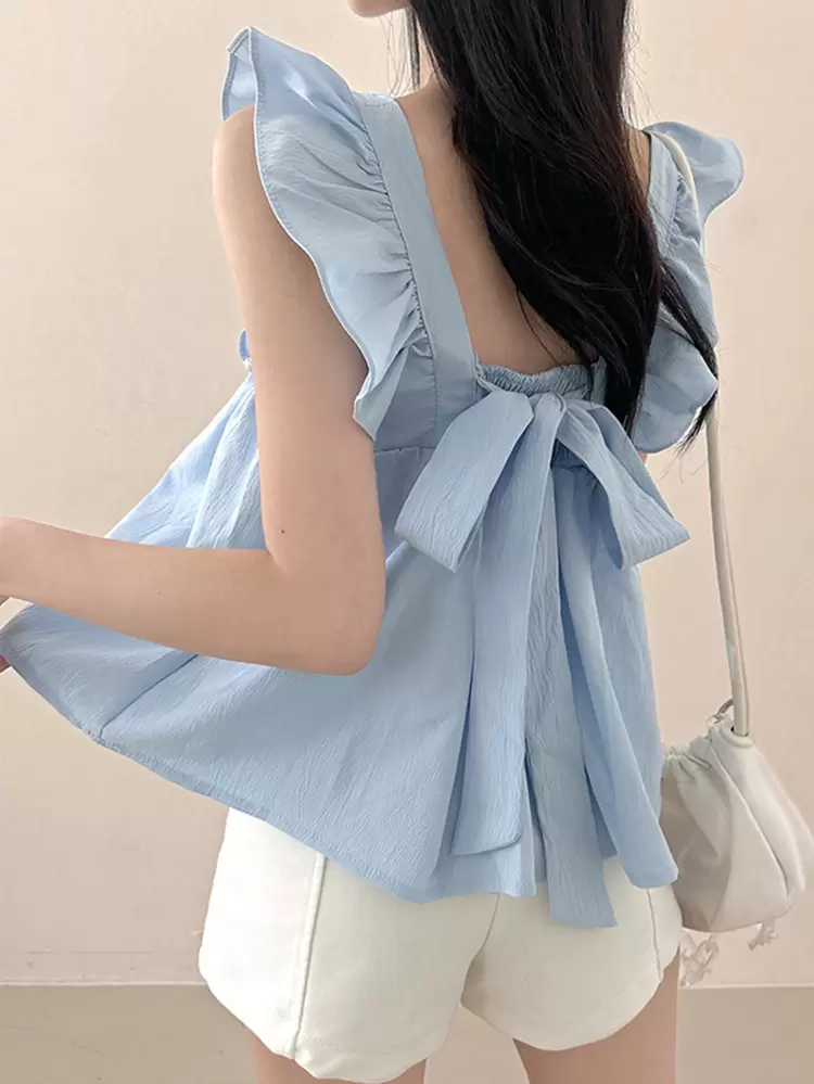 Women's Patchwork Cap Sleeve Backless Bowknot Casual Shirt, Holiday Flower Vacation Beach, Spring/Summer, Babydoll Top