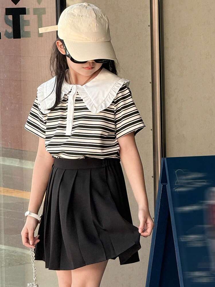 Tween Girls Casual Striped Short Sleeve Top And Mini Skirt 2 Pieces Set, Stylish Everyday Wear