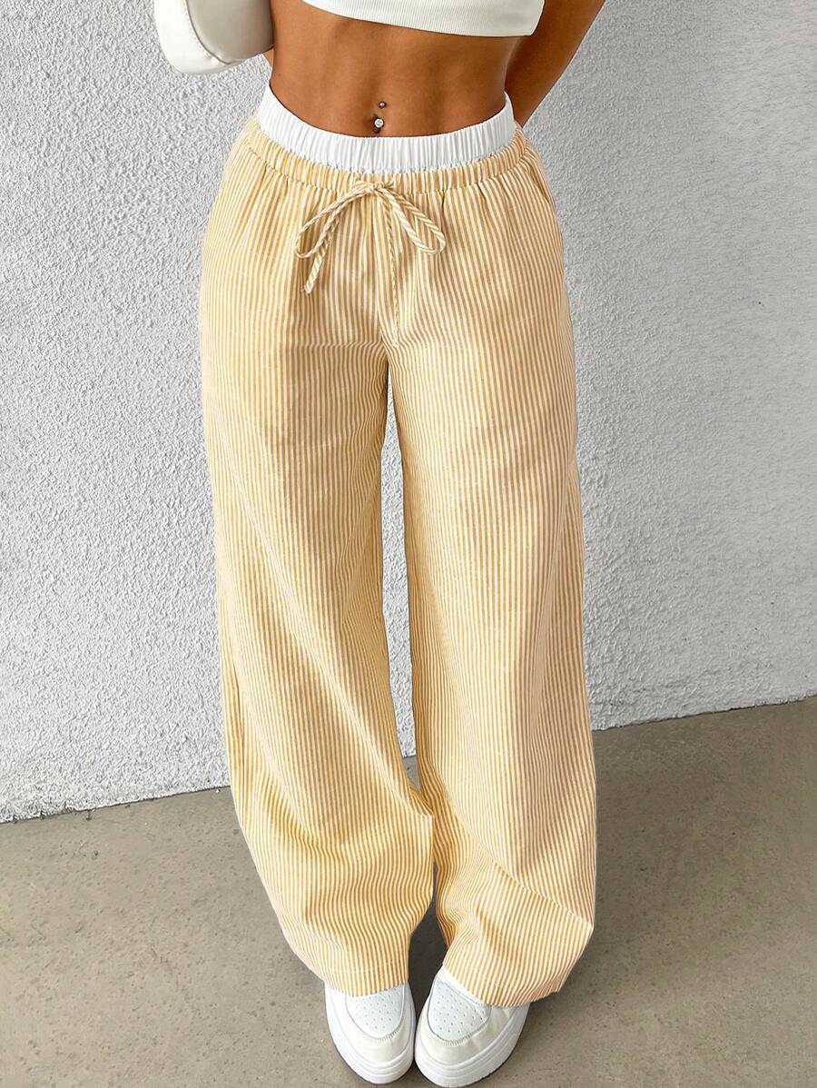 SHEIN EZwear Yellow Striped Women's Woven Casual Pants, Spring/Summer