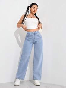 SHEIN PETITE Women's Bow Embroidered Pocket Casual Straight Leg Jeans - Light Wash - View 3