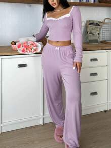 SweetSlumber Women Lace Trim & Rhinestone Collar Long Sleeve Minimalist Top And Lounge Pants Pajamas Set