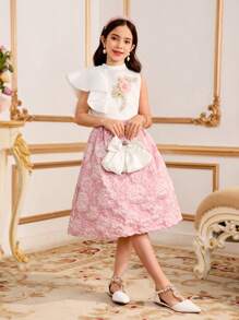 Tween-Mädchen Lässiges Kleid aus Jacquardstoff mit Stehkragen, asymmetrischem Rüschensaum