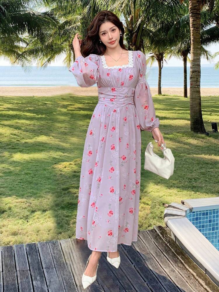 Women's Elegant Ditsy Floral Chiffon Mid-Length Vacation Dress, Spring/Fall Long Sleeve Dress Maxi Dress Boho