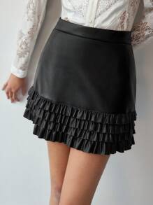 MOTF STUDIO Falda de vuelo con volantes de piel sintética - Negro - Ver 4