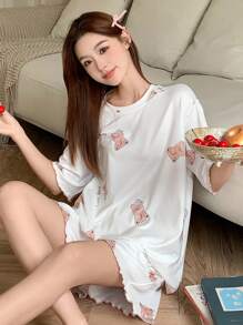DAZY Women Cute Cartoon Pattern Allover Print Short Sleeve Shorts Pajamas Set