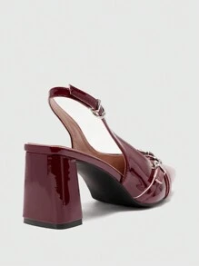 CUCCOO BIZCHIC Women's Square Toe Block Heels Pumps, Wine Red Leather Strap Buckle Office Lady Commuting Style High Heels - Burgundy - View 10