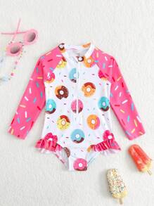 SHEIN 女婴可爱甜甜圈印花荷叶边长袖连体泳衣，海滩度假 - 彩色 - 查看 1