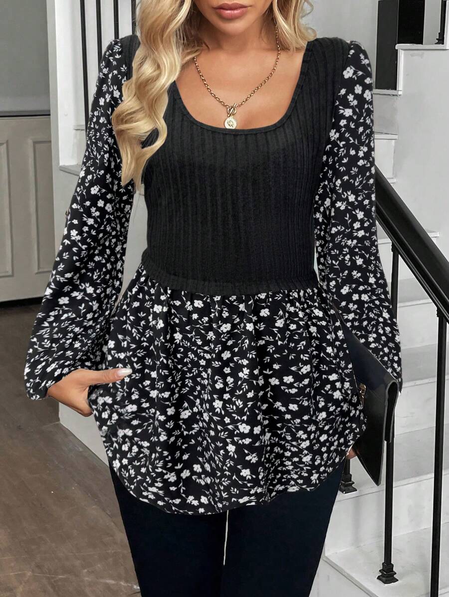 Áo kiểu hoa nhí đen trắng thời trang dành cho nữ: Tay dài, thiết kế peplum, phong cách thường ngày. - màu đen - Xem 1