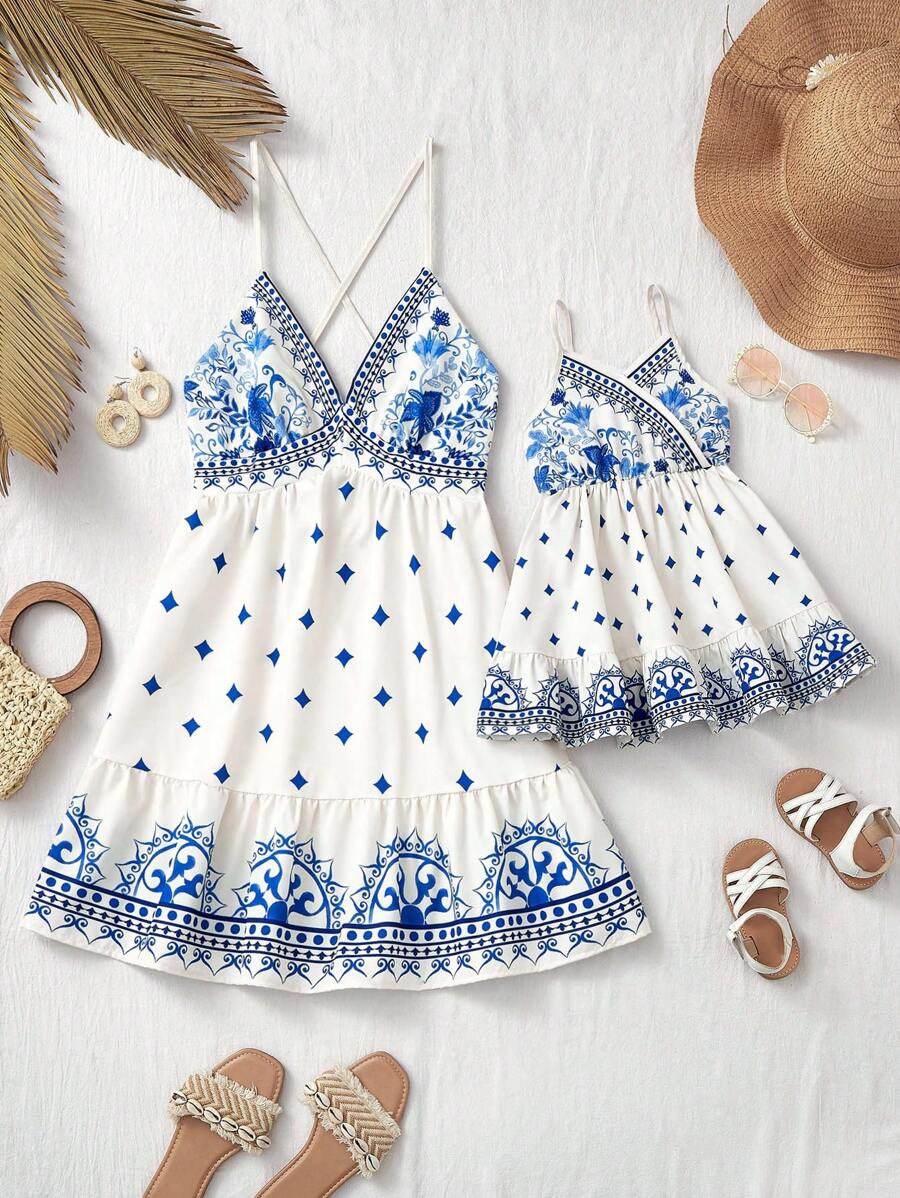 Travachic KIDS Baby Girl Summer Floral Print Strap Vacation Dress, Mommy And Me Matching Outfits (2 Pieces Sold Separately)