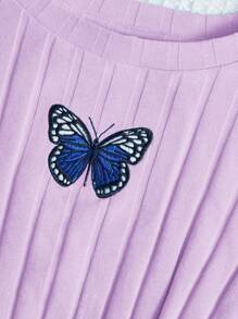 SHEIN Leap Crew 2pcs Teen Girls Solid Color Butterfly Embroidery Ribbed T-Shirt & Pants Set - Purple - View 4