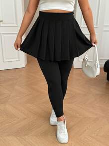 SHEIN EZwear Plus Size Solid Color Pleated Simple Leggings, Casual Everyday Wear