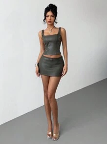 Aloruh 2pcs Women Fashion PU Camisole Crop Top And Burgundy Ultra Low Rise Mini Skirt Set - Army Green - View 4