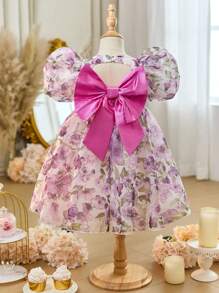 SHEIN Young Girl Chiffon Ditsy Floral V-Neck Puff Sleeve Hollow Out Bow Back Decor Party Dress