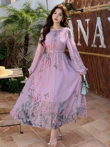 DAZY Vestido de mujer con cuello redondo, manga abullonada y estampado floral hasta la pantorrilla, vestido de otoño