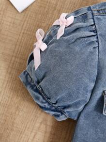 SHEIN Tween Girl Light Wash Casual Elegant Short Sleeve Denim Blouse With Sleeve Splicing Design & Pink Velvet Bow Decor, And Elastic Waist Pleated Long Denim Skirt Outfit, Simple Fashion Versatile Design For Daily Wear - Light Wash - View 4