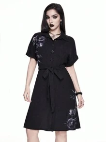 ROMWE Gothic Snake Skin & Floral Print Tie Waist Women's Shirt Dress - Black - View 1