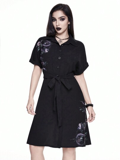 Goth Vestido camisa de mujer con cintura con nudo, estampado de piel de serpiente y floral en estilo gótico