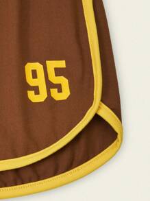 Explorewe 2pcs/Set Vintage Color-Blocked Girls Casual Sports Top And Shorts Set, Summer New Arrival - Mocha Brown - View 2