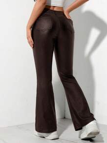 SHEIN PETITE Women's Solid Color Front Button Pocket Minimalist Long Pants, Casual For Daily Wear - Burgundy - View 2