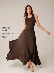 GLOWMODE SoftSerene Modal Cool Down Asymmetric Midi Dress Built-In Cups Daily Casual - Brown - View 1