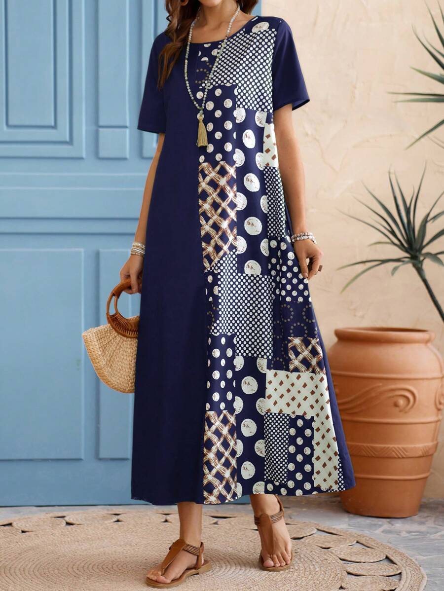 EMERY ROSE Women's Summer Round Neck Short-Sleeve Dress With Pattern Patchwork - Blue - View 1