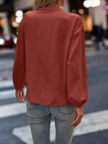 SHEIN LUNE Plus Size Solid Color Front Button Long Sleeve Simple Blouse, Casual Everyday Wear - Rust Brown - View 2