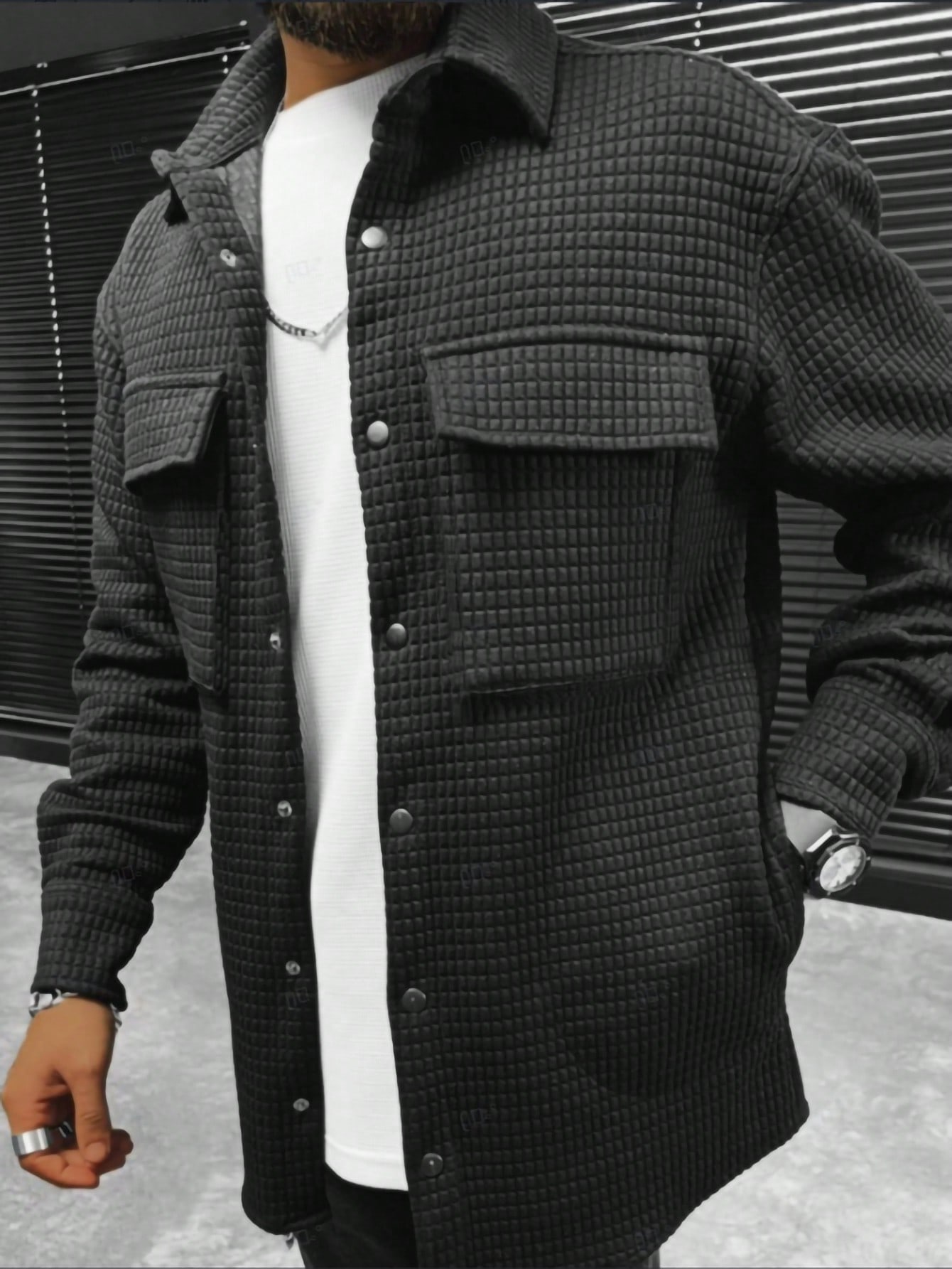 Manfinity Dauomo Men's Waffle Texture Henley Shirt, Casual Plain Pocketed Jacket