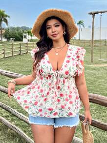 Flirla Frauen Große Größen Boho Jacquard V-Ausschnitt Glockenärmel Bluse, für den Sommer - Verschiedenfarbig - Übersicht 4