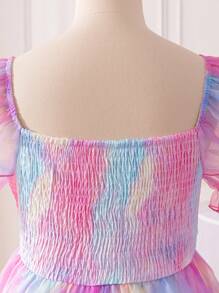 SHEIN Tween 女童彩色欧根纱方领泡泡袖缀饰长裙