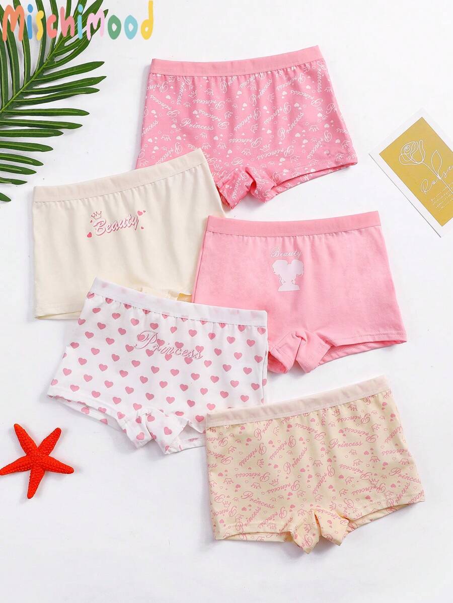 5 条装女童可爱皇冠、爱心、字母印花松紧腰带三角裤，柔软时尚柔和色彩 - 彩色 - 查看 1