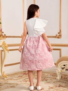 Tween-Mädchen Lässiges Kleid aus Jacquardstoff mit Stehkragen, asymmetrischem Rüschensaum