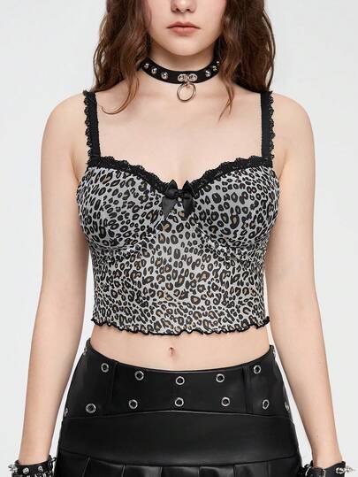 Grunge Punk Women's Lace Trimmed Leopard Print Spaghetti Strap Top With Backless Design, Romantic And Sexy