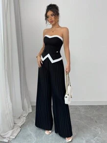 Elenzga 2pcs/Set Women's Elegant Romantic Contrast Color Pleated Top