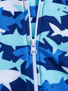 SHEIN Leap Crew 2pcs/Set Newborn Baby Boy Cartoon Shark Print Knitted Soft Stand Collar Long Sleeve Romper And Hat Set - Blue - View 5